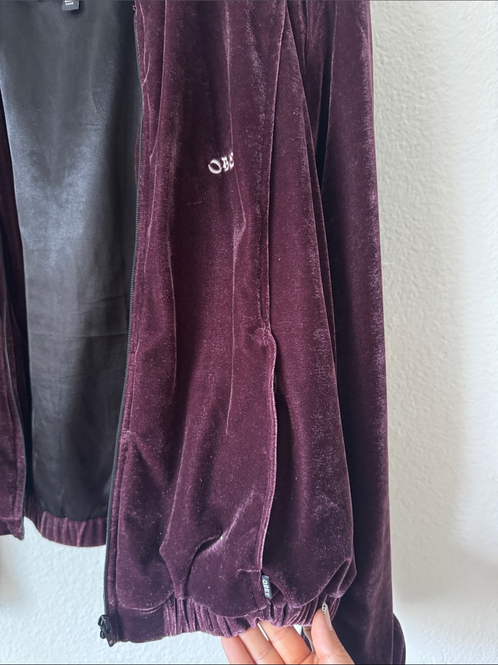Obey Velvet Jacket with Gold Tiger Embroidery in Deep Plum - Picture 3 of 9